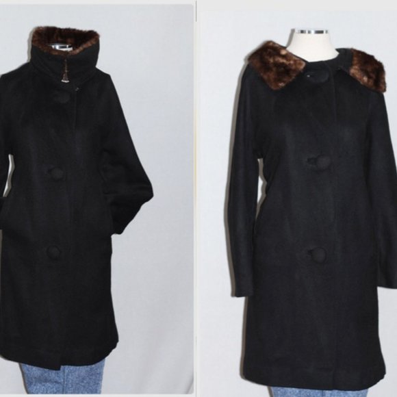 Fur Collar Black Wool Trench Coat - Picture 14 of 15